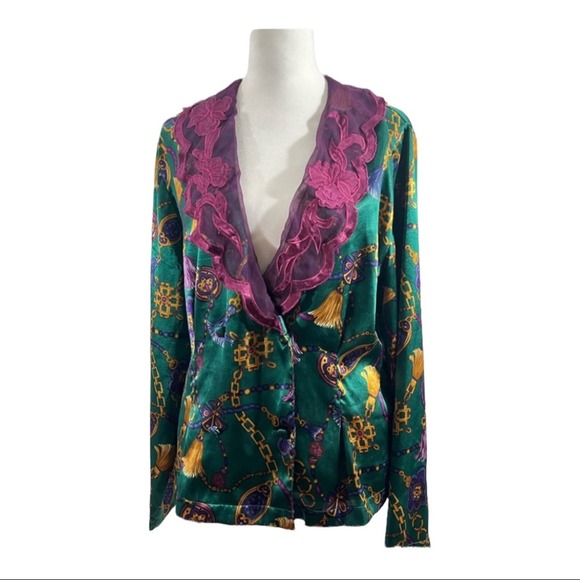 VICTORIAS SECRET🎄VTG Satiny PJ SET in teal & purple in a gold tassel print SZ S - Picture 4 of 16